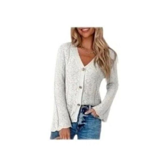 New Dokotoo Women's Large Sz 12 White Summer Crochet Cardigan Sweater Bell LS - Picture 1 of 5